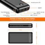 ▶ Powerbank 30000 mAh Carga Rápida Batería Externa Pila QC 3.0, 20W PD Cargador Portátil Batería Con Pantalla LED Indicador, TipoC Bidireccional Compatible Para Android iPhone Quick Charge 3.0, Banco de Energía 3 Salidas Con Cable Micro USB 20CM -Negr