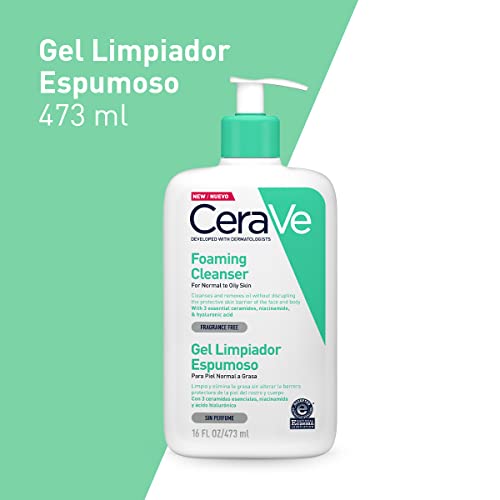 CeraVe Gel Limpiador Espumoso |473ml| Limpiador diario para piel mixta, grasa o con acné | Libre de fragancia