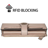 Travelambo Cartera De Mano De Cuero Genuino Encerado De Gran Capacidad Con Bloqueo Rfid Para Mujer Organizador De Tarjetas Múltiples(02 Champán rosa ReNapa)