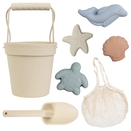 Silicone Beach Toys - Modern Baby Beach Toys | Travel Friendly Beach Set | Silicone Bucket, Shovel, 4 Sand Molds, Beach Bag | Silicone Sand Toys for Toddlers, Kids - 7pc (Beige)