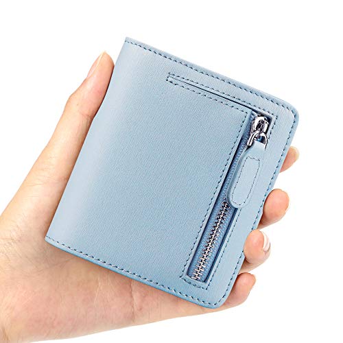 FUNTOR - Cartera pequeña para mujer, pequeña y compacta con bloqueo RFID de bolsillo para mujer, cartera Rfid, C:hand Graining Leather-azul, Universal