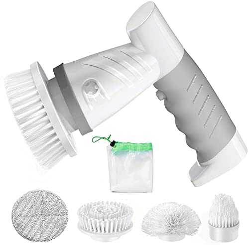 SZFIXEZ cepillo para polvo de limpieza eléctrico inalámbrico para baño, limpiador eléctrico giratorio con 4 cabezales de cepillo para polvo de limpieza de ducha reemplazables para pared, baño, piso de azulejos, tina, inodoro, ventana