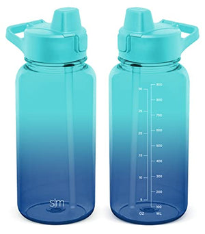 Botella de agua de plástico con tapa de popote de silicona con tapa abatible a prueba de fugas y asa sin BPA, Tritan transparente con marcadores de onzas, Ombre: Pacific Dream, 32 onzas