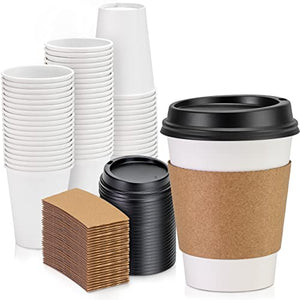 [Paquete de 50] Taza de café desechable de papel blanco para bebidas calientes de 12 onzas con tapa de cúpula negra y manga de kraft, tamaño pequeño alto