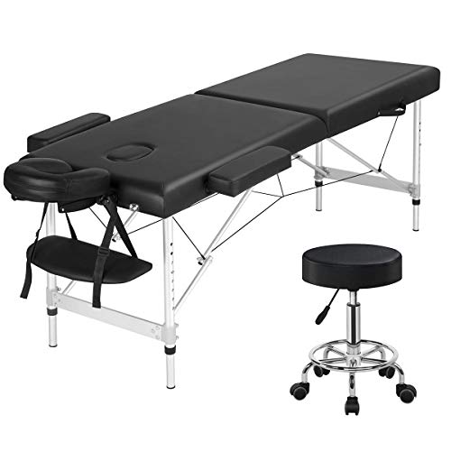 2 mesas de masaje plegables de aluminio con taburete, portátil, cama de masaje para spa, cama de spa, taburete ajustable, silla giratoria de salón, mesa de terapia de masaje con reposacabezas y reposabrazos, color negro