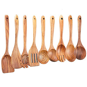 Juego de 9 cucharas de madera para cocinar, utensilios de cocina de madera, cucharas de madera de teca natural para sartén antiadherente