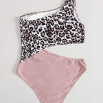 Traje de baño de una pieza para mujer, con un hombro recortado, monokini, rosa (Leopard PINK), L