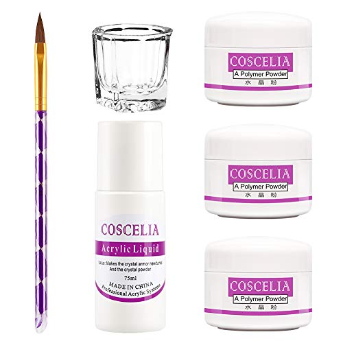 COSCELIA polvo acrílico blanco rosa claro con pincel para decoración de uñas y líquido acrílico para salón de uñas en casa