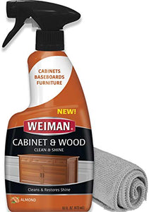 Weiman Spray de limpieza y brillo para gabinetes y madera, muebles, armarios de cocina, zócalo y molduras, aroma a almendra fresca, paño de microfibra incluido