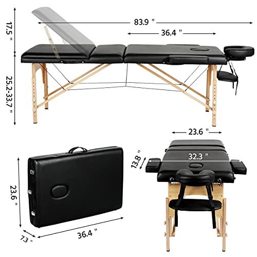 Mesa de masaje portátil de 213,4 cm de largo con 3 secciones, plegable, incluye funda de transporte para spa y cama facial, color negro
