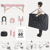 Mesa de masaje plegable, portátil, 2 secciones, para cama, spa, patas de madera, con bolsa de transporte, soporte para cabeza, reposabrazos, agujero para la cara, fácil instalación, ligera, altura ajustable de 24 a 33 pulgadas, color rosa