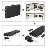 2 mesas de masaje plegables de aluminio con taburete, portátil, cama de masaje para spa, cama de spa, taburete ajustable, silla giratoria de salón, mesa de terapia de masaje con reposacabezas y reposabrazos, color negro