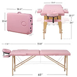 Mesa de masaje plegable, portátil, 2 secciones, para cama, spa, patas de madera, con bolsa de transporte, soporte para cabeza, reposabrazos, agujero para la cara, fácil instalación, ligera, altura ajustable de 24 a 33 pulgadas, color rosa