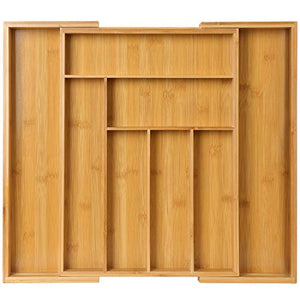 Organizador de cajones expandible de bambú para soporte de utensilios, bandeja de cubiertos ajustable, organizador de cajones de madera para cubiertos, cubiertos, cuchillos en cocina, dormitorio, sala de estar