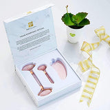 MoValues Set de Rodillo Facial, Gua Sha y Minirrodillo de Cuarzo Rosa – Rodillo de Jade 100 % de Cuarzo Natural – Masajeador Facial para Cuidado de la Piel del Rostro, Ojos, Cuello - Reafirma y Matiza
