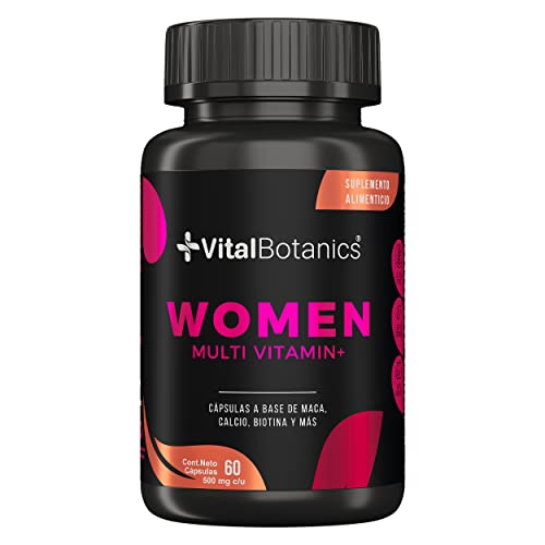 VitalBotanics Women Multivitamin + con 60 capsulas. Multivitamínico para Mujer de Alta Potencia con Colágeno Hidrolizado, Ácido Fólico, Biotina, Hierro, Calcio, Magnesio, Maca, Zinc y Vitaminas D, B1, B2, B3, B5, B6, B12, K1.