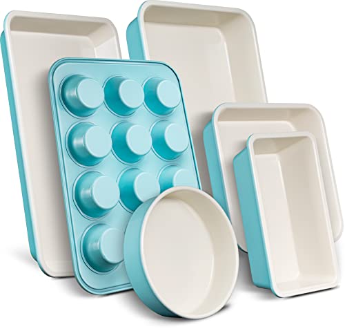 Juego de 6 sartenes antiadherentes para horno de cocina, sartenes verdes atractivas y blanco en el interior, utensilios de cocina de calidad para cocinar y hornear pasteles