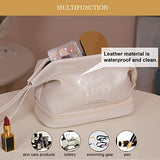 Bolsa de maquillaje grande, bolsa de cosméticos de doble capa, bolsa de maquillaje de viaje, bolsa de maquillaje de piel, bolsas de viaje para cosméticos, bolsa de aseo portátil de piel, bolsa de cosméticos espaciosa para mujeres y niñas, Blanco,