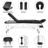 Cama de masaje plegable de aluminio para spa, cama de salón de tatuajes faciales, 3 mesas de masaje plegables, color negro