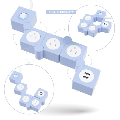iJoy Regleta de alimentación flexible, 3 salidas de CA y 2 puertos de carga USB con cable de extensión de 5 pies, extensor de salida protector de sobretensiones decorativo para oficina en casa, recámara, habitación y más (azul claro)