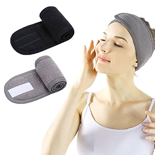 Facial Spa Headband - 2 piezas de maquillaje, ducha, baño, envoltura deportiva, diadema de felpa, toalla elástica ajustable con cinta mágica (negro + gris)
