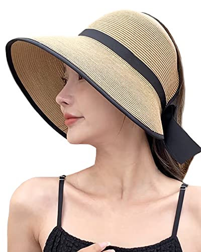 ▶ Sombreros de sol para mujer, visera de playa de ala ancha con agujero para cola de caballo, UPF UV, plegable, gorra plegable para viajes, Caqui, M-L