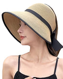 ▶ Sombreros de sol para mujer, visera de playa de ala ancha con agujero para cola de caballo, UPF UV, plegable, gorra plegable para viajes, Caqui, M-L