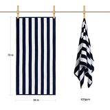 Toalla de playa de felpa de gran tamaño, algodón esponjoso grueso, 36 x 70 pulgadas, toallas de piscina a rayas azul marino, toalla de natación grande para adultos