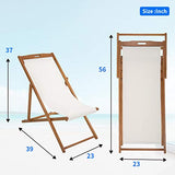 Juego de 2 sillas de playa de madera de eucalipto maciza con lona de poliéster blanca de 3 niveles de altura portátil