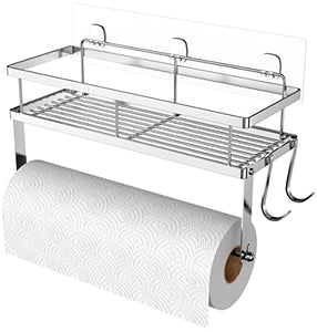 Soporte para toallas de papel con almacenamiento de estante, soporte calcomanía de pared 2 en 1 organizador de cesta para cocina y baño, diseño de alambre de metal duradero, acabado de níquel cepillado 304