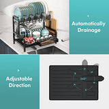 Escurridor de Trastes de 2 Niveles con Placa de Drenaje, Escurridor de Platos Grande de Acero Inoxidable para Encimeras de Cocina, Escurreplatos con Portavasos (Negro)