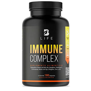Suplemento Sistema Inmune 180 Cápsulas Vitamina C, D3, Zinc, Echinacea, Oregano, Ajo y Jengibre. Immune Complex B Life