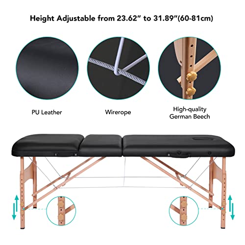 Mesa de masaje portátil, cama de masaje profesional, mesa de terapia de spa de 73 pulgadas, marco de madera ajustable de 3 pliegues