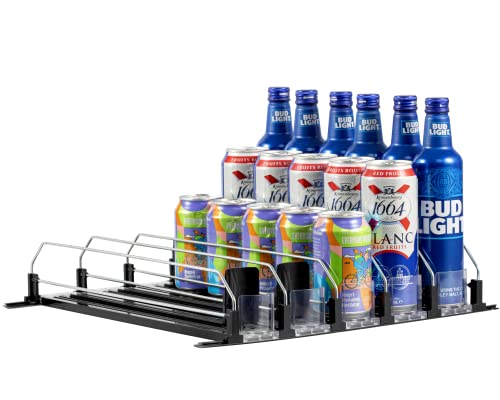 Rula Organizador de bebidas para refrigerador, organizador de latas de refresco autoempuje para refrigerador, ancho ajustable para empujador de bebidas, lata de cerveza para almacenamiento de botellas de agua para despensa, cocina, negro, 5 filas