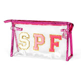 ▶ Neceser de cosméticos con letras universitarias, estético, impermeable, portátil, bolsa de cosméticos de PVC transparente con cierre, bolsa de mano de uso diario, bolsa de maquillaje de viaje para mujeres y niñas (rojo rosa)