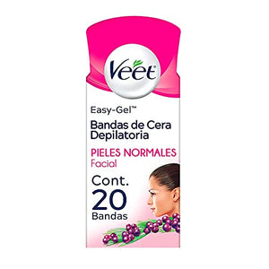 Veet Bandas depilatorias faciales de Cera Fría para Piel Normal caja con 20 bandas