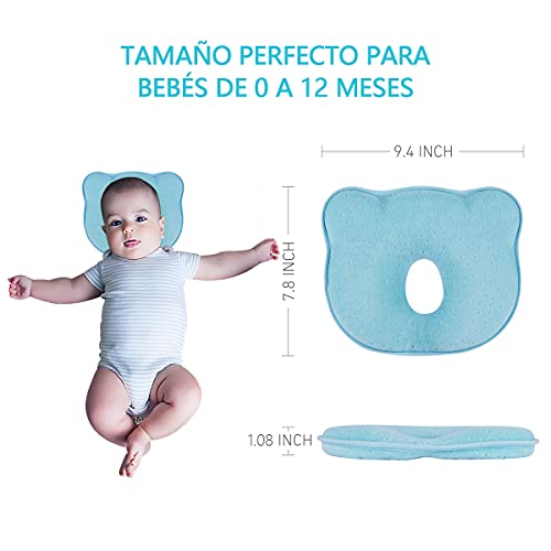 Almohada para Bebe, Salandens Almohada Bebe Previene Síndrome Cabeza Plana Plagiocefalia, Cojines para Bebe Recién Nacido,100% Algodón, Transpirable, Espuma de Memoria Suave, para Bebés de 0 a 12 Meses (Azul)