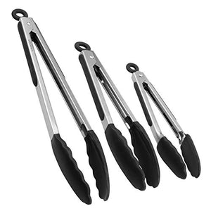 Pinzas de cocina, juego de 3-7, 9, 12 pulgadas, pinzas de cocina de acero inoxidable con puntas de silicona para barbacoa, cocina, ensalada, barbacoa, freír (Black)