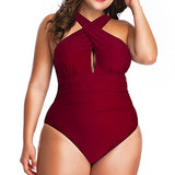Traje de baño de una Pieza para Mujer, Talla Grande, Control de Abdomen, Fruncido, Forro Completo, Frente Cruzado, sin Espalda