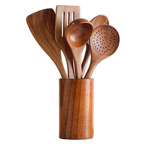 Juego de utensilios de cocina saludables, Tmkit herramientas de cocina de madera y barril de almacenamiento de madera - espátula y cucharas de madera dura antiadherente natural - Cuchara de cocina duradera y ecológica (juego de 6)