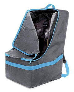 Adjustable, Padded Backpack for Car Seats — Car Seat Travel Tote — Save Money, Make Traveling Easier — Compatible with Most Name Brand Car Seats (Gray with Blue Trim)