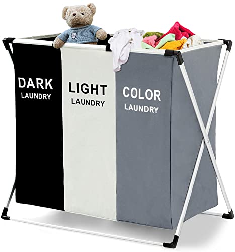 Cesto Ropa Sucia Plegable, Salandens Multifunción Cesto de Ropa, 105L Grande Cesta para la Colada Lona con 3 Compartimientos para Lavar y Almacenamiento la Ropa, Perfecto para Baño y Cuarto de Lavado