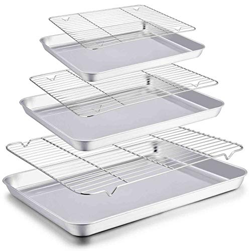Juego de bandejas para hornear con estantes, 20 pulgadas, 16 pulgadas y 12 ½ pulgadas, bandejas de acero inoxidable para hornear galletas con estantes de refrigeración para asar, no tóxicas y sin óxido, acabado de espejo y aptas para lavavajillas,