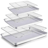 ▶ Juego de bandejas para hornear con estantes, 20 pulgadas, 16 pulgadas y 12 ½ pulgadas, bandejas de acero inoxidable para hornear galletas con estantes de refrigeración para asar, no tóxicas y sin óxido, acabado de espejo y aptas para lavavajillas,