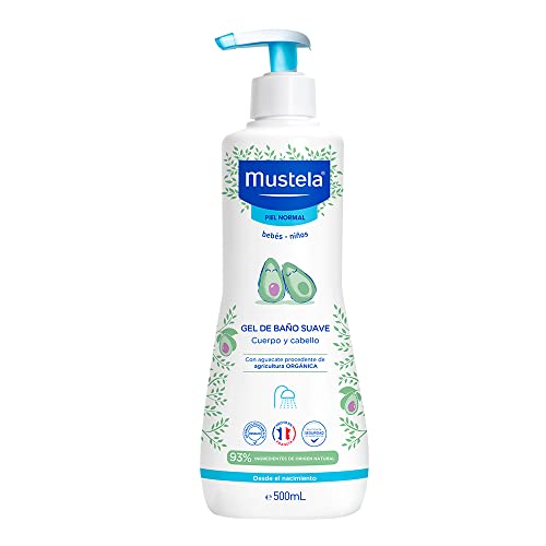 Mustela, Gel de Baño Suave para cara, cuerpo y cabello de Bebés y niños, Limpia y protege, 90% ingredientes de origen natural, 500 ml