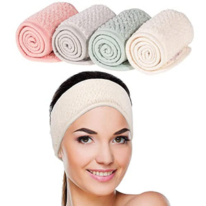 Paquete de 4 diademas faciales de spa, superabsorción, para maquillaje, cinta ajustable de forro polar coral, banda para el pelo, toalla suave para lavado de cara, ducha, deportes, yoga (verde guisante, rosa, beige, gris claro)