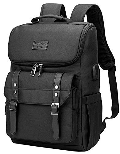 Mochila vintage de viaje para laptop con puerto de carga USB para mujeres y hombres, mochila escolar universitaria para estudiantes de 15.6 pulgadas, color negro