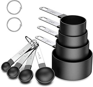 Juegos de 8 Cucharas Medidoras, Taza y Cuchara de Medición con Mango de Acero Inoxidable, Medidores Cocina para Medir Líquidos y Los Ingredientes (Negro)