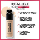 L'oreal Paris Cosmetics Infallible Base de maquillaje de 24 horas de uso fresco, ligera, ámbar, 1 onza líquida, Beige verdadero, 1 oz (29.57 ml)