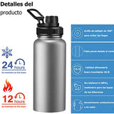 950ML Termo，Hisemy Termo de Acero Inoxidable sin BPA，Termo Agua(Dos Tapas),Botella Térmica，100% a Prueba de Fugas, Aislamiento de Doble Pared，para Agua Fría (24 horas) o Caliente (12 horas) Gris